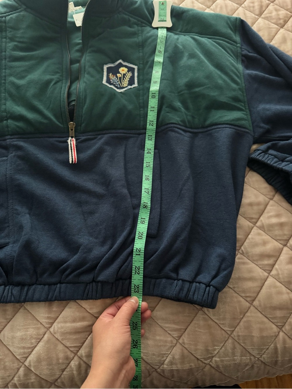 Pilcro Green and Navy Half-Zip Pullover Sweatshirt with Embroidered Patch, Large - Picture 4 of 10